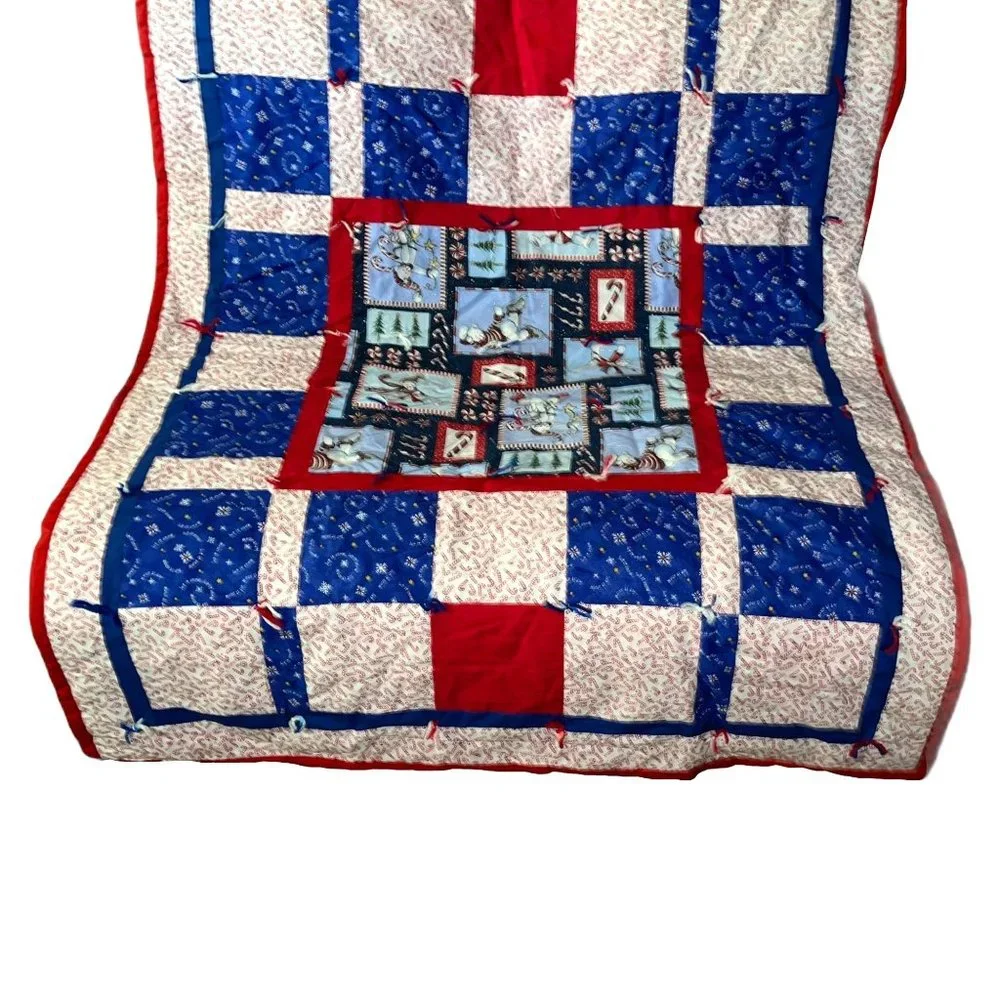 Vintage Handmade Hand Crafted Granny Square Quilt Christmas Holiday 57 X 44